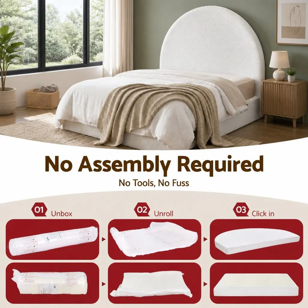 Queen Bed Frame Boucle Fabric White No Assembly Vacuum Compressed Removable Washable