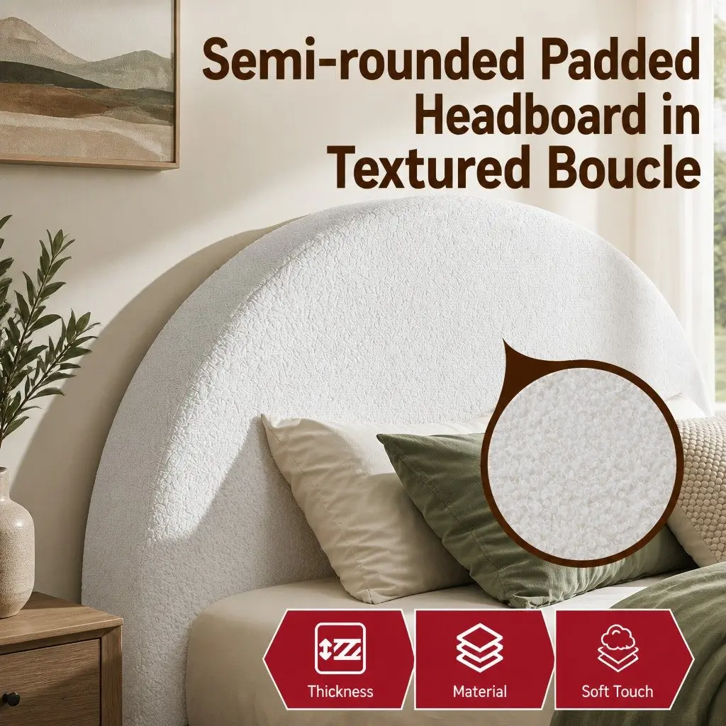 Queen Bed Frame Boucle Fabric White No Assembly Vacuum Compressed Removable Washable