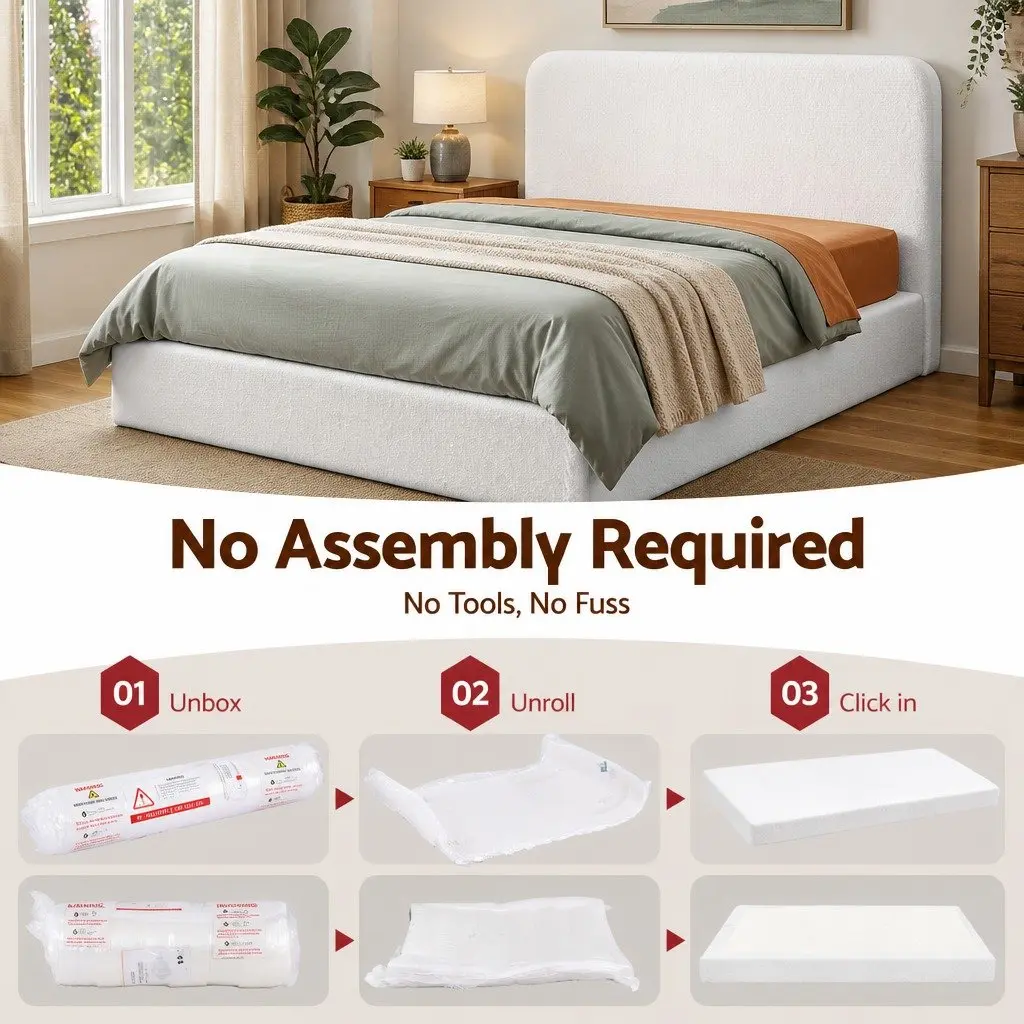 Queen Bed Frame Boucle Fabric White 1705W x 2117L x 250H cm Tool-Free No Assembly Washable Cover
