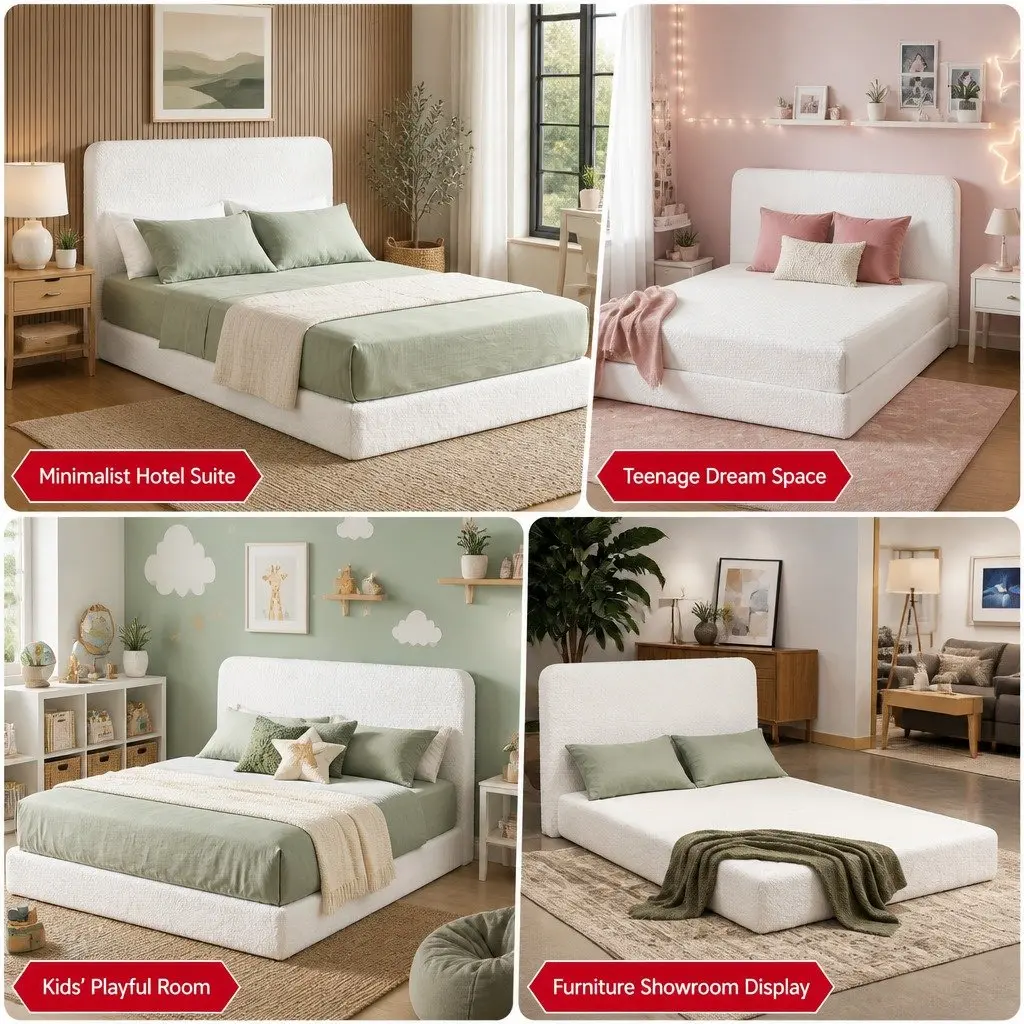 Queen Bed Frame Boucle Fabric White 1705W x 2117L x 250H cm Tool-Free No Assembly Washable Cover