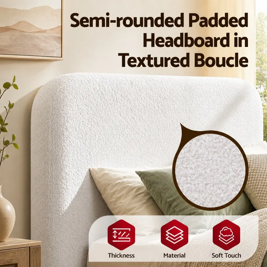 Queen Bed Frame Boucle Fabric White 1705W x 2117L x 250H cm Tool-Free No Assembly Washable Cover