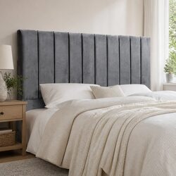 King Bed Headboard Grey Velvet Upholstered Panel Padded Art Deco Bedroom