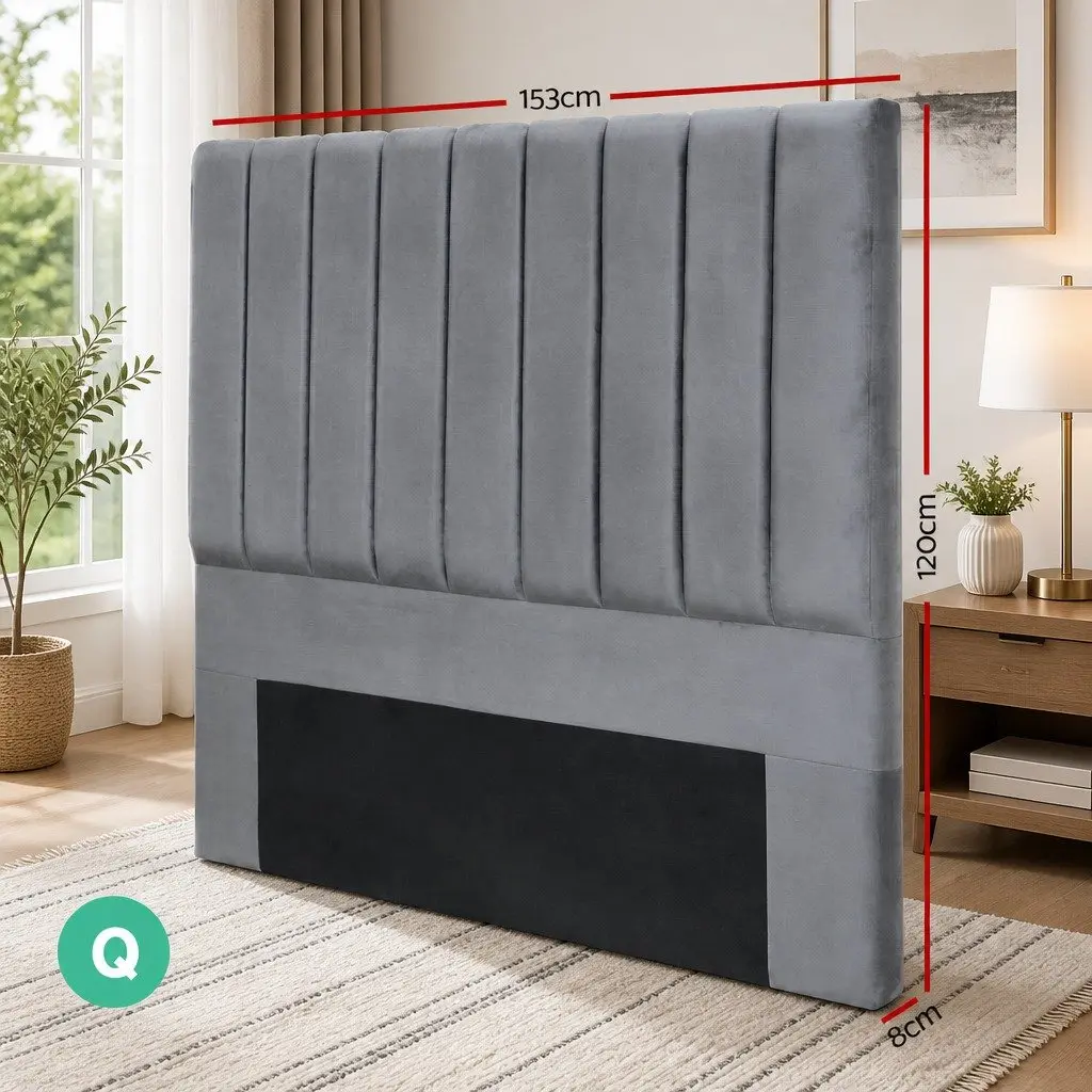Queen Bed Headboard Velvet Upholstered Grey Panel