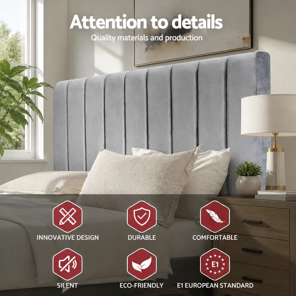 Queen Bed Headboard Velvet Upholstered Grey Panel