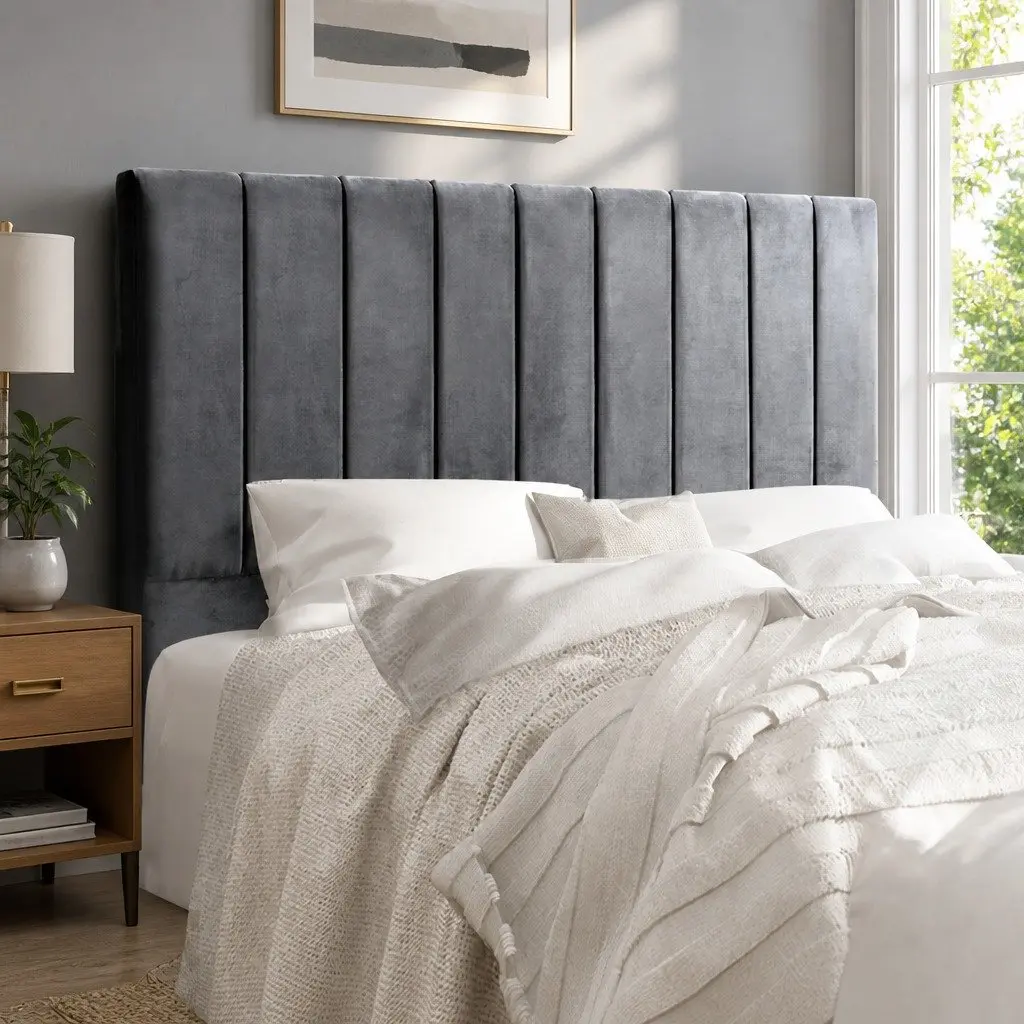 Queen Bed Headboard Velvet Upholstered Grey Panel