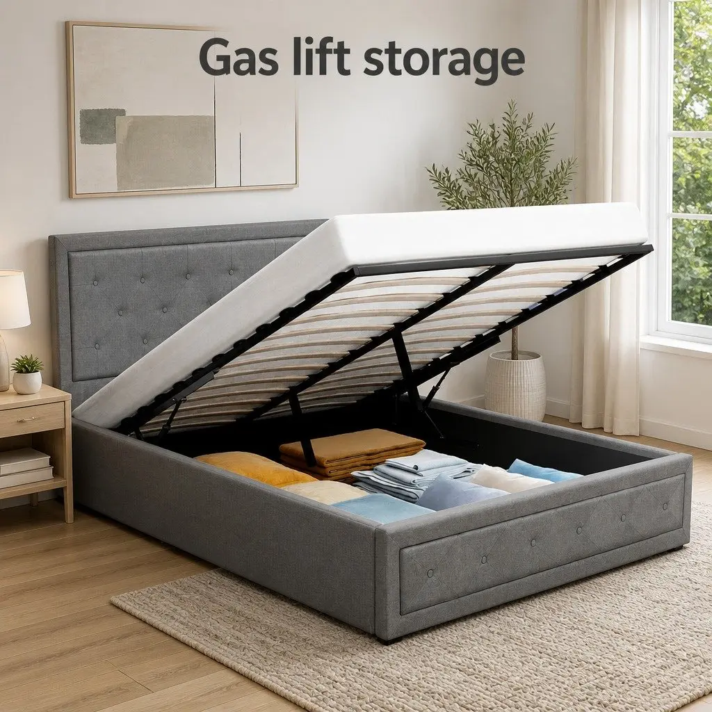 Double Size Gas Lift Bed Frame Upholstered Grey Tufted Headboard