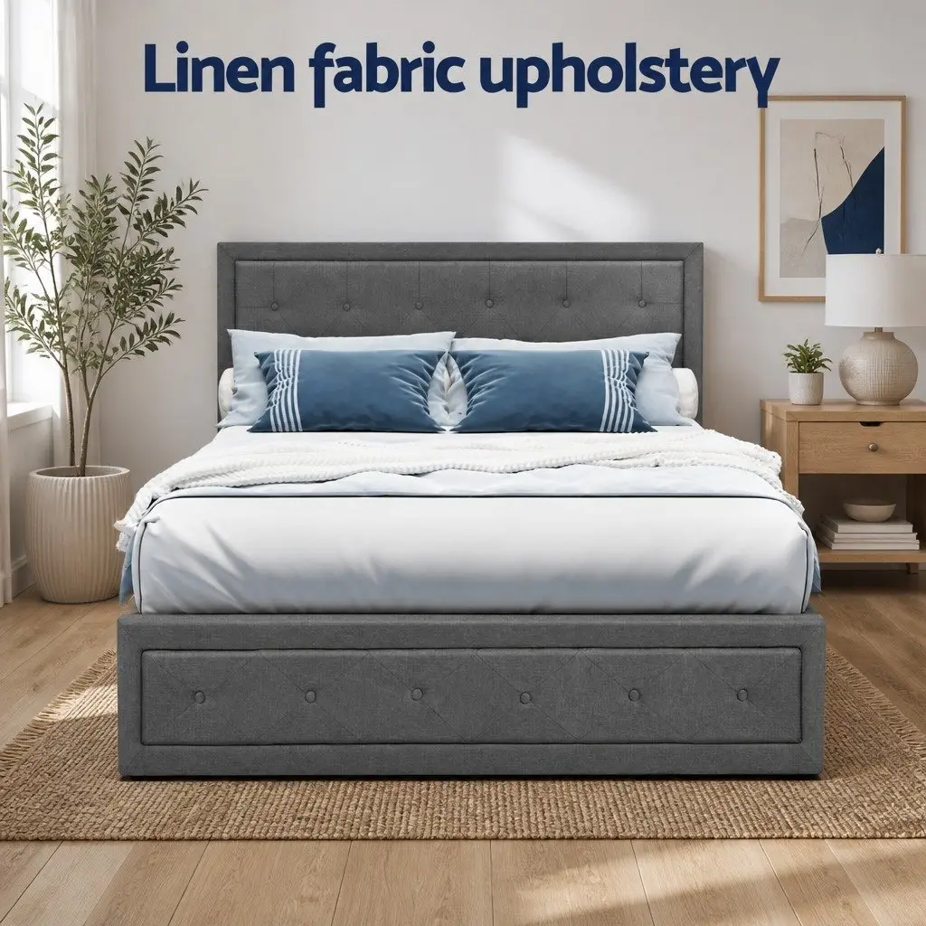 Double Size Gas Lift Bed Frame Upholstered Grey Tufted Headboard