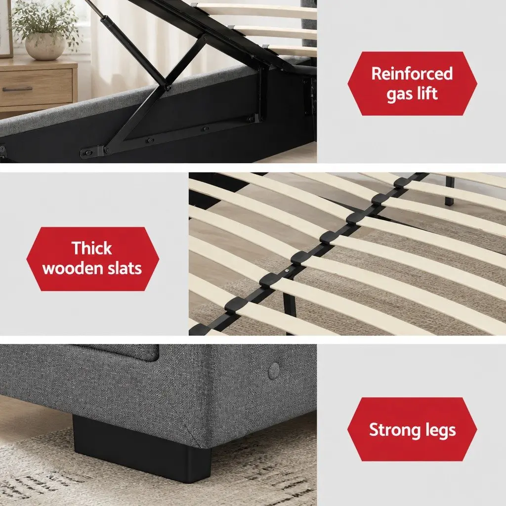 Double Size Gas Lift Bed Frame Upholstered Grey Tufted Headboard