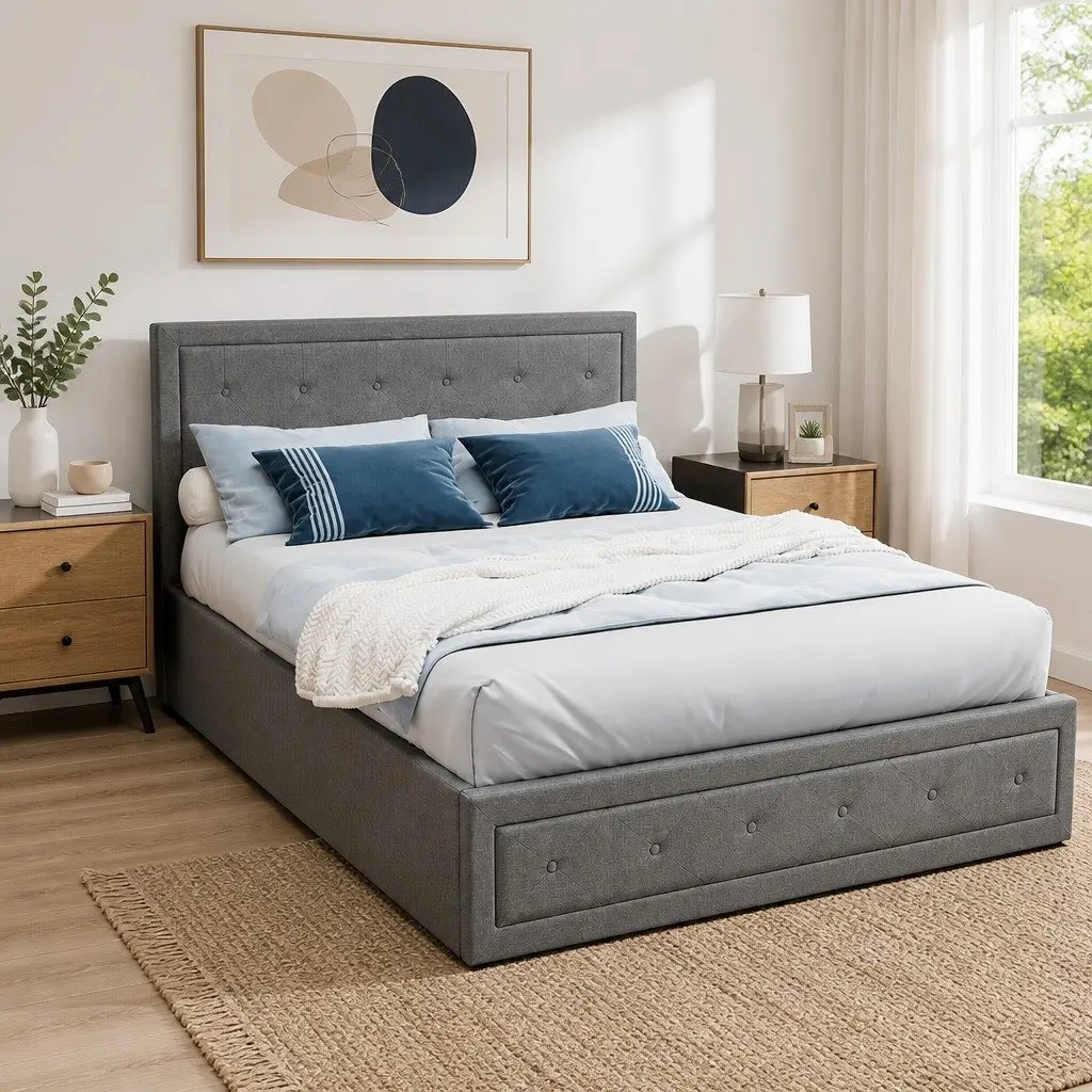 Double Size Gas Lift Bed Frame Upholstered Grey Tufted Headboard