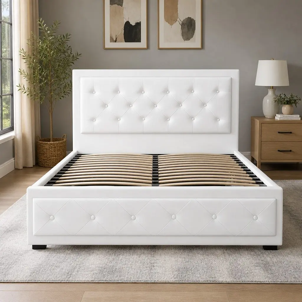 Double Size Gas Lift Bed Frame Upholstered White Storage Ottoman Base Padded