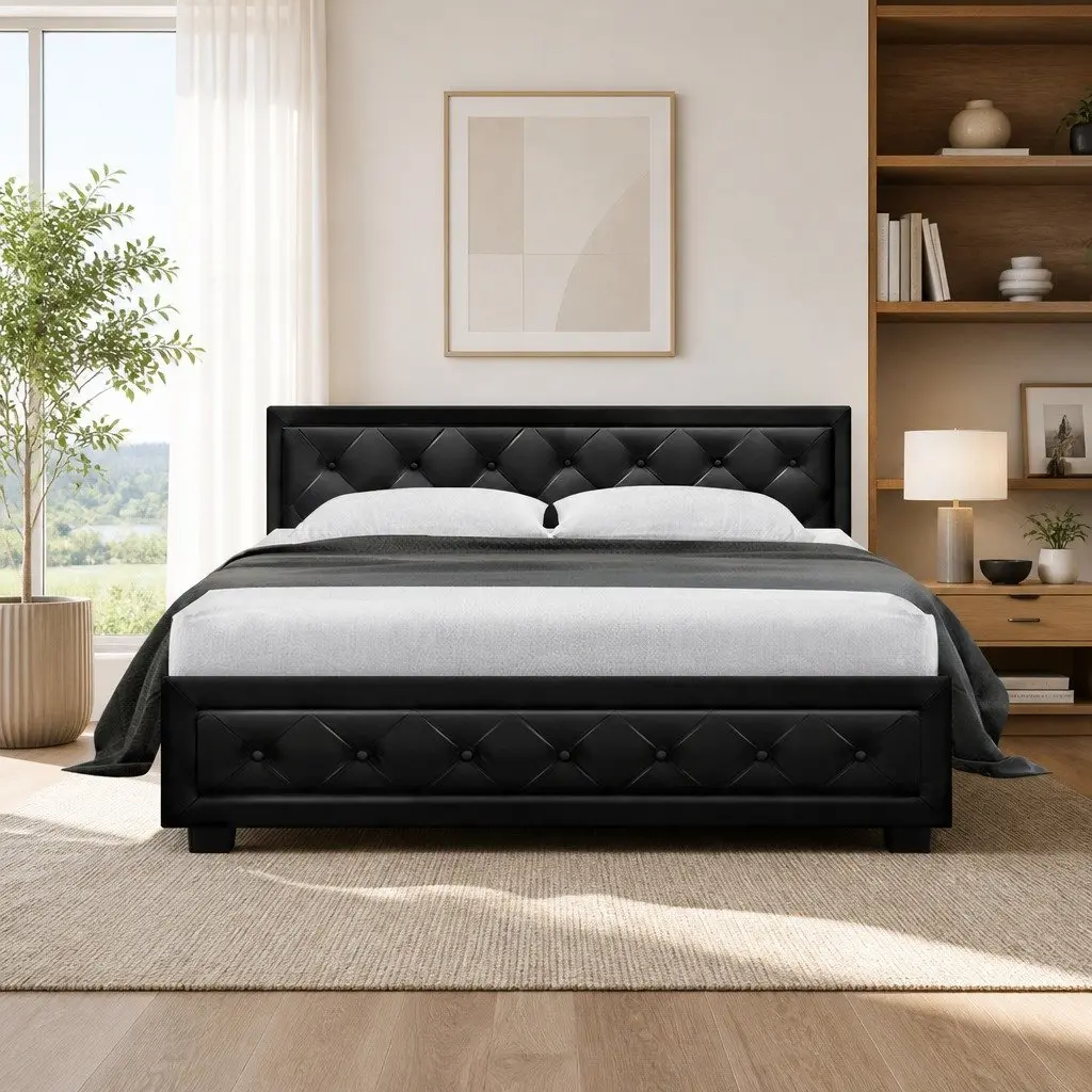 Queen Size Gas Lift Bed Frame Upholstered Tufted Headboard Black