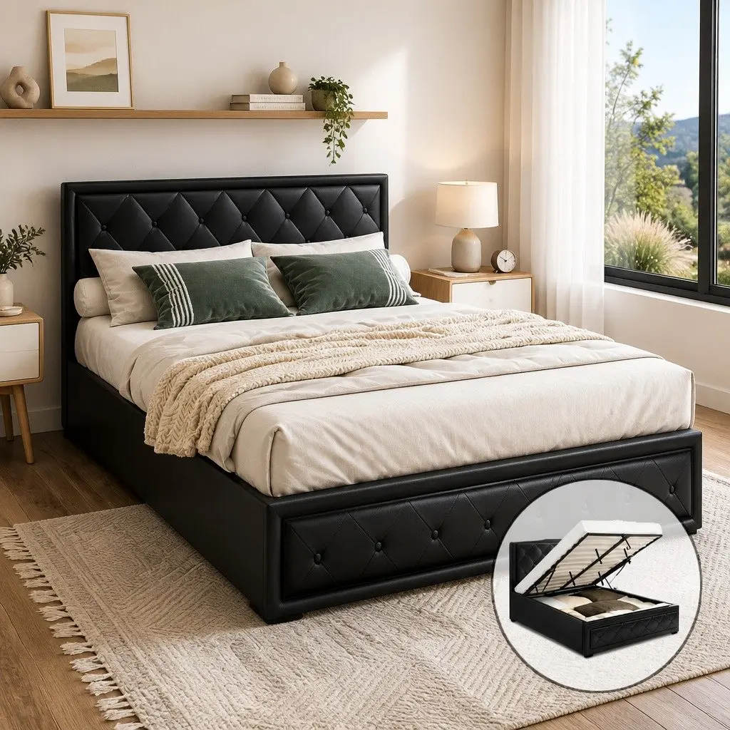 Queen Size Gas Lift Bed Frame Upholstered Tufted Headboard Black