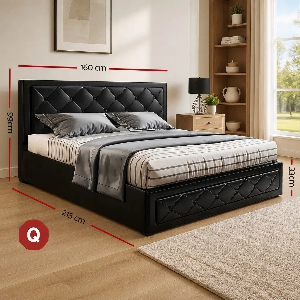 Queen Size Gas Lift Bed Frame Upholstered Tufted Headboard Black