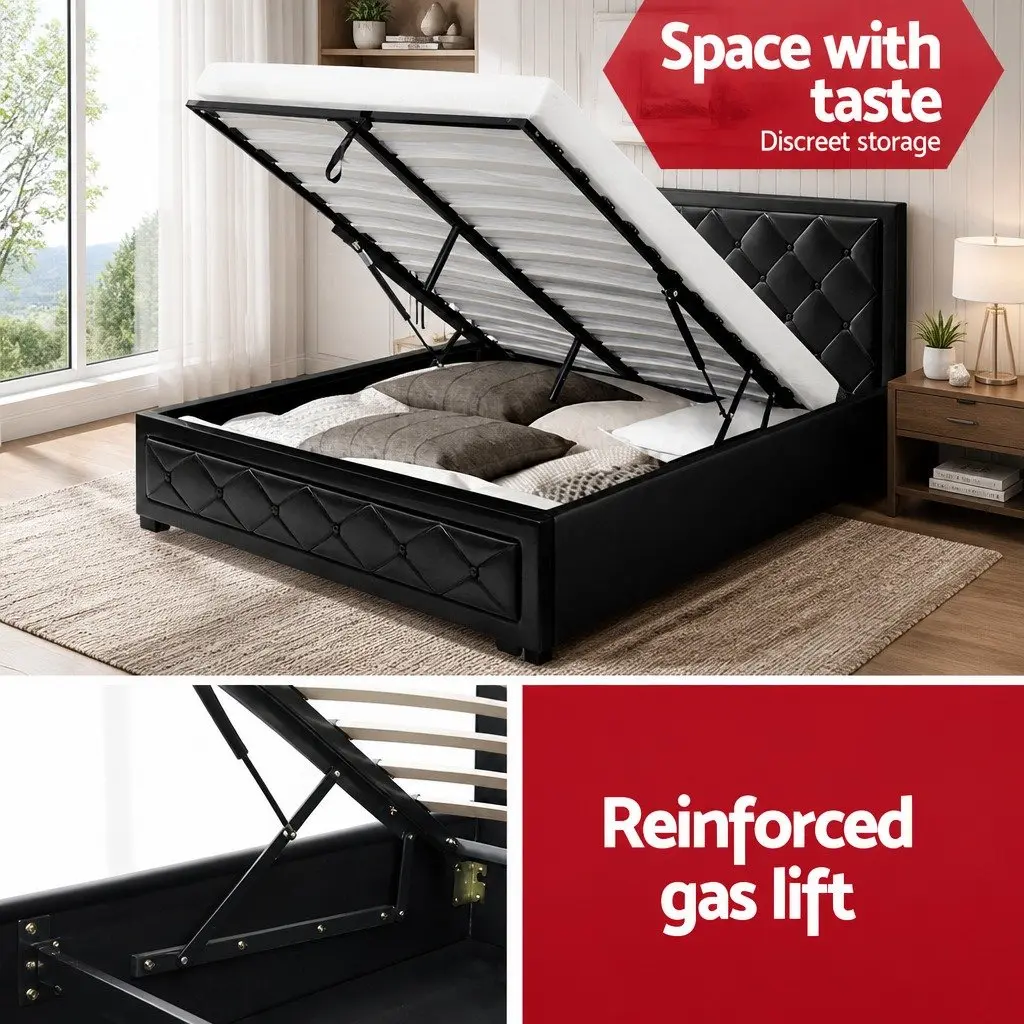 Queen Size Gas Lift Bed Frame Upholstered Tufted Headboard Black