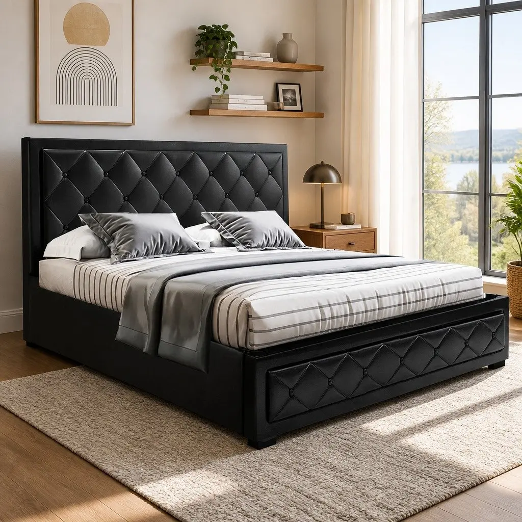 Queen Size Gas Lift Bed Frame Upholstered Tufted Headboard Black