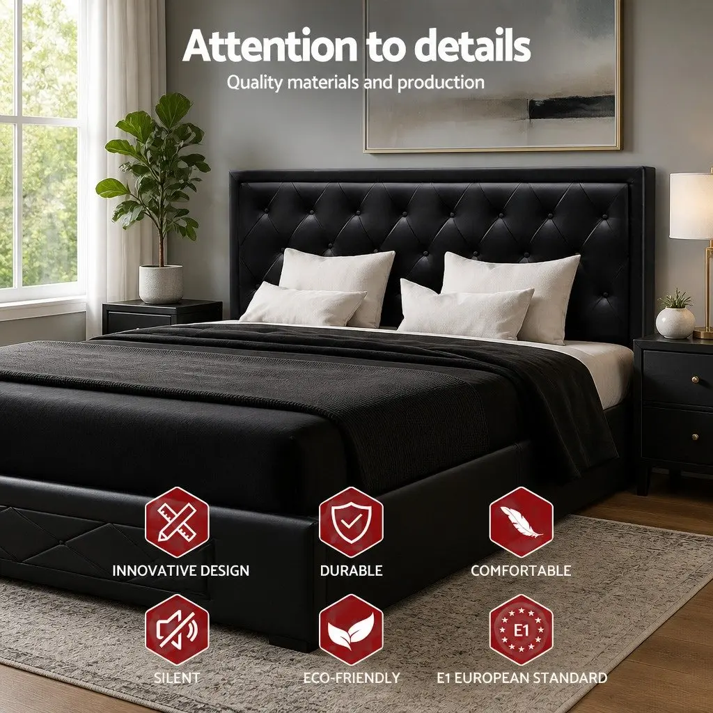 King Size Gas Lift Bed Frame with Storage Black Upholstered Contemporary Design
