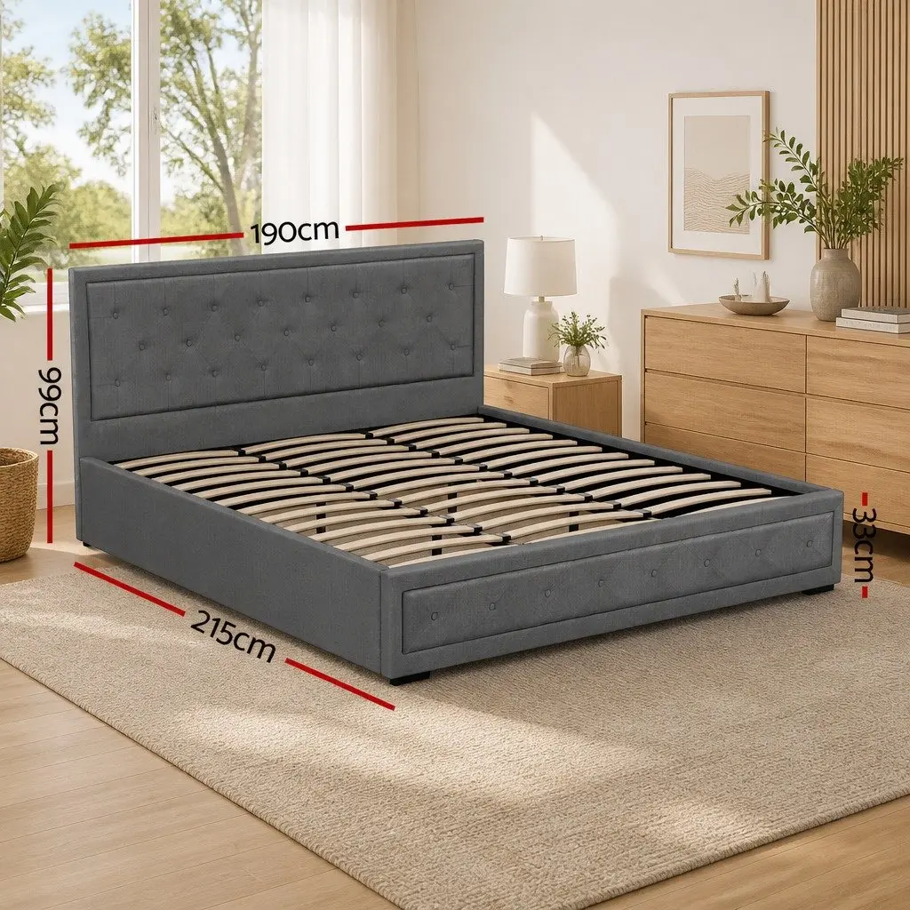 King Size Gas Lift Bed Frame Upholstered Grey