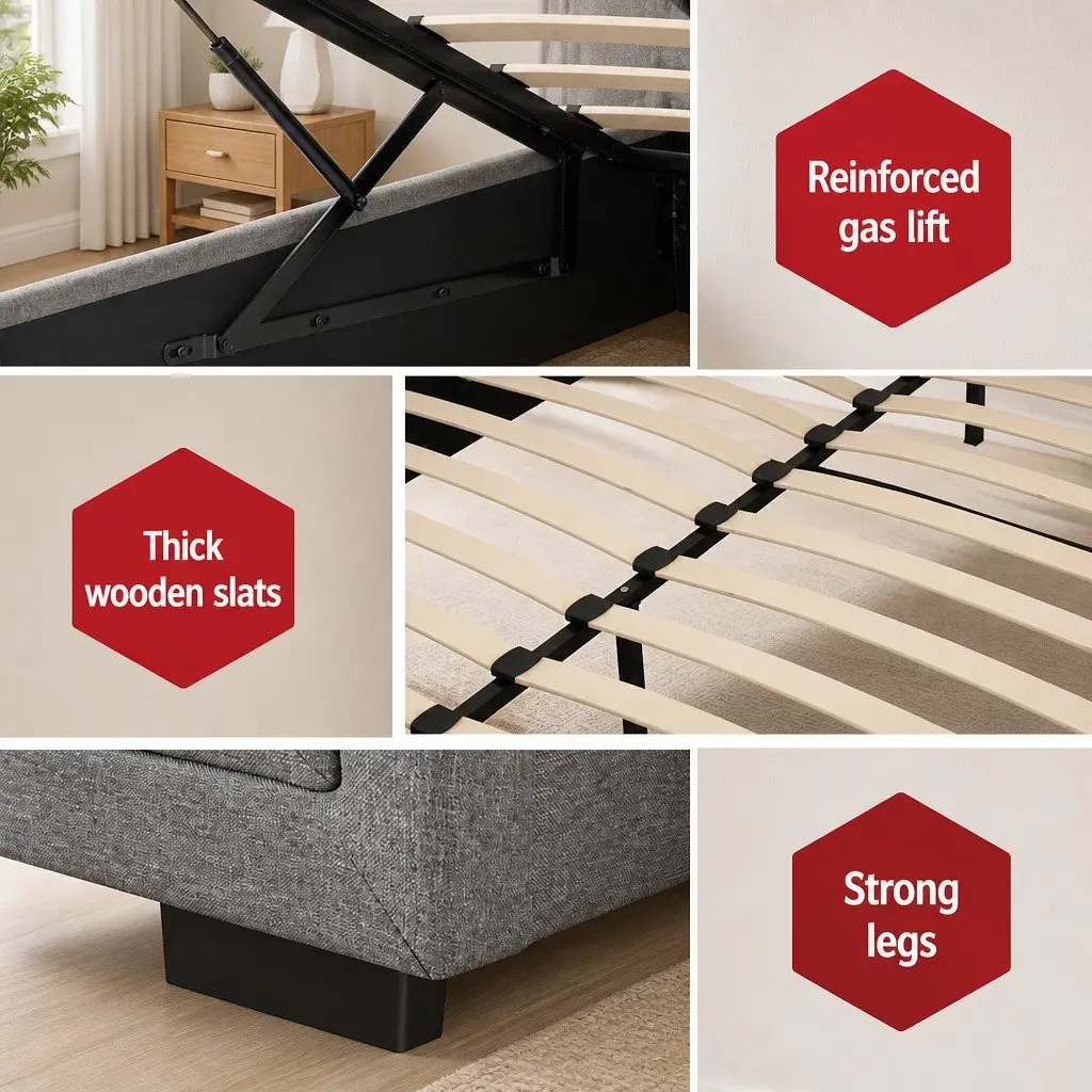 King Size Gas Lift Bed Frame Upholstered Grey