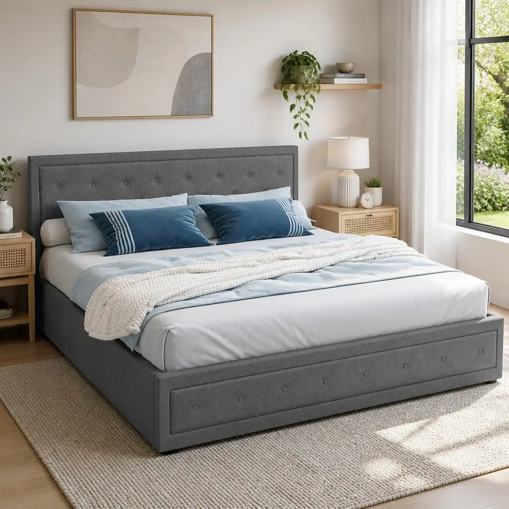 King Size Gas Lift Bed Frame Upholstered Grey