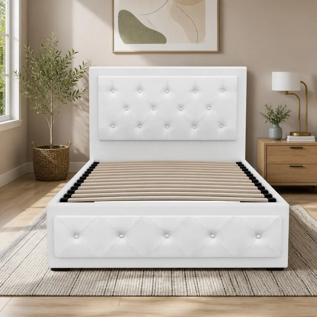 King Single Gas Lift Bed Frame with Storage White Upholstered Headboard