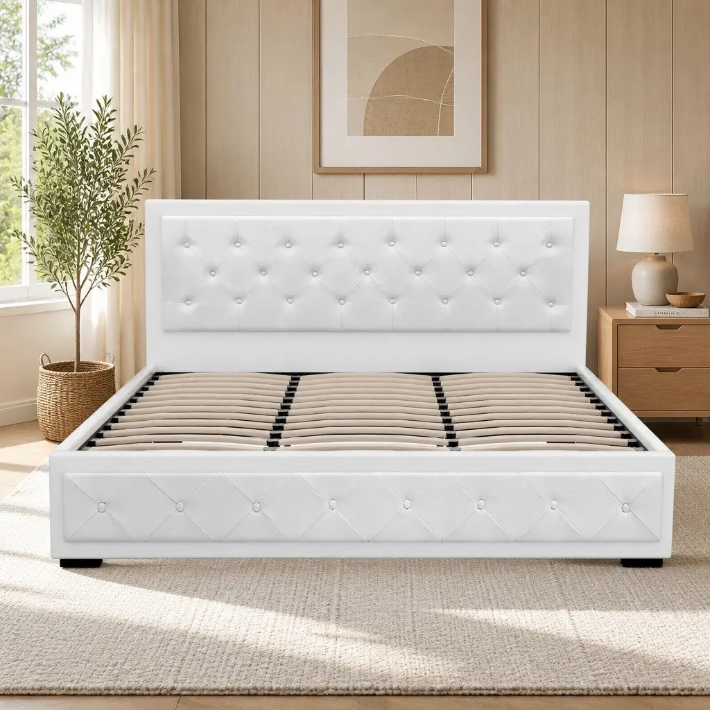 King Size Gas Lift Bed Frame White Upholstered Storage Bedroom Furniture