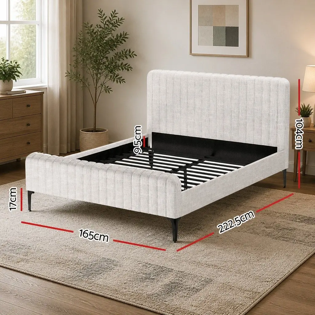 Beige Upholstered Fabric Queen Bed Frame with Matching Headboard and Centre Support Beams