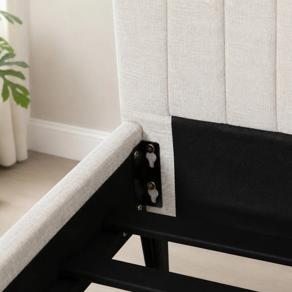Beige Upholstered Fabric Queen Bed Frame with Matching Headboard and Centre Support Beams