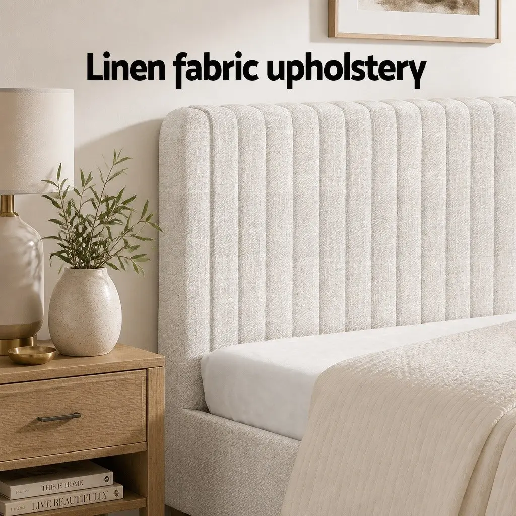 Beige Upholstered Fabric Queen Bed Frame with Matching Headboard and Centre Support Beams