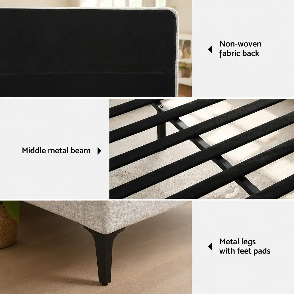 Beige Upholstered Fabric Queen Bed Frame with Matching Headboard and Centre Support Beams
