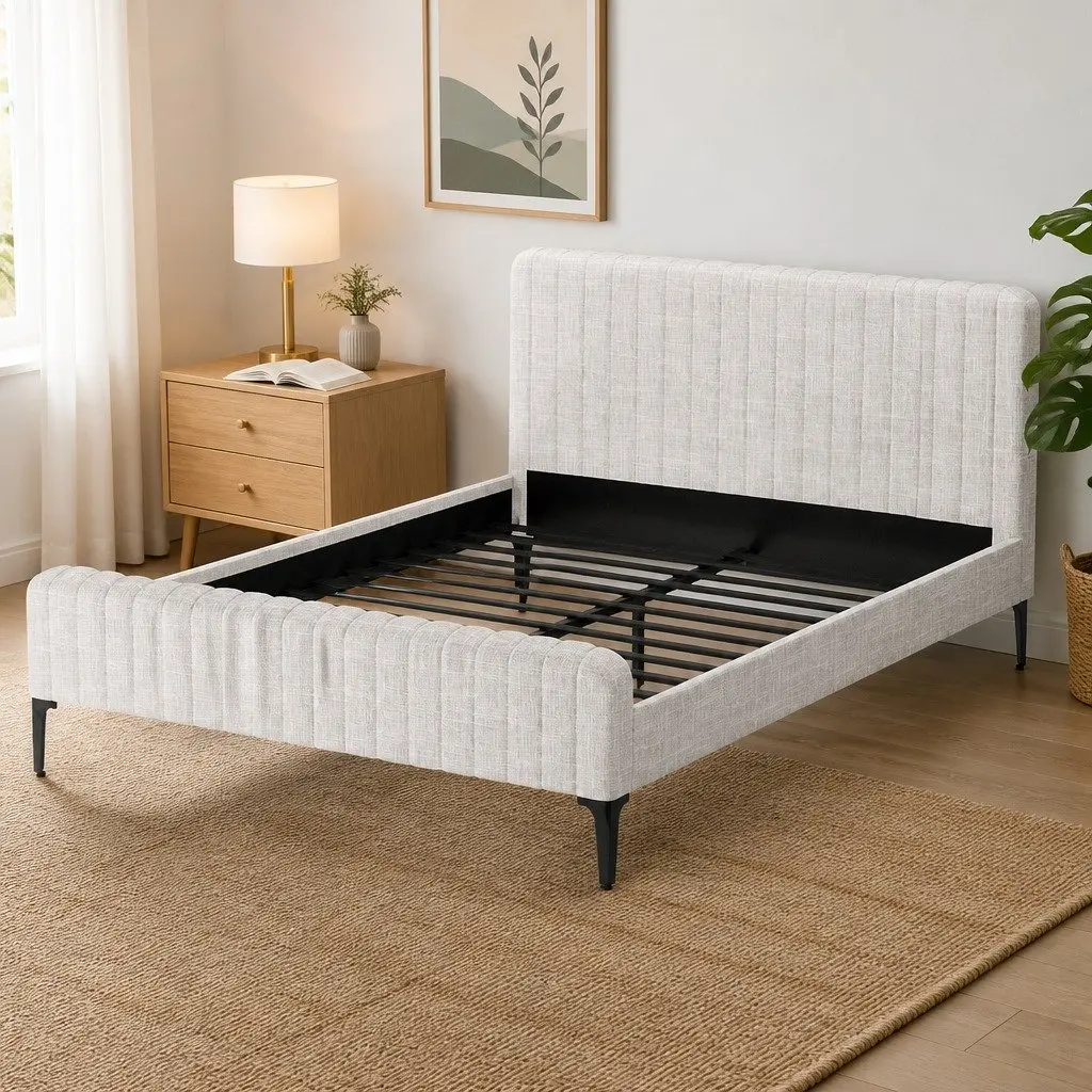 Beige Upholstered Fabric Queen Bed Frame with Matching Headboard and Centre Support Beams