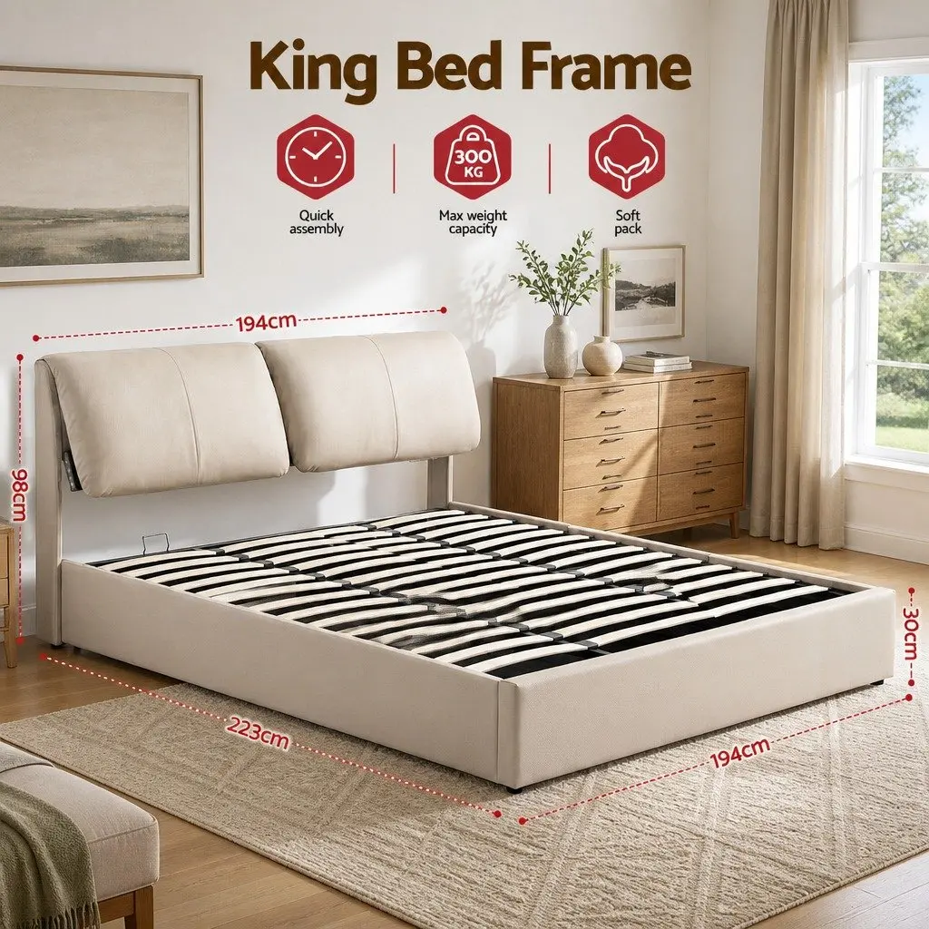King Bed Frame Gas Lift Storage Adjustable Headboard 3 Drawers Platform Base