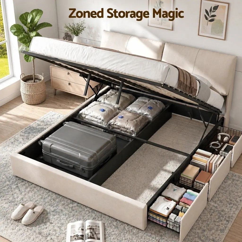 King Bed Frame Gas Lift Storage Adjustable Headboard 3 Drawers Platform Base