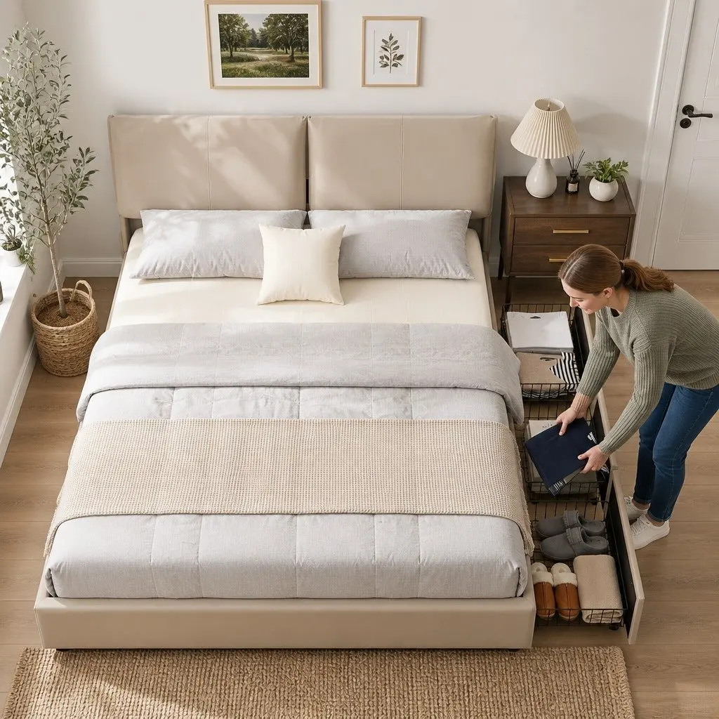 King Bed Frame Gas Lift Storage Adjustable Headboard 3 Drawers Platform Base