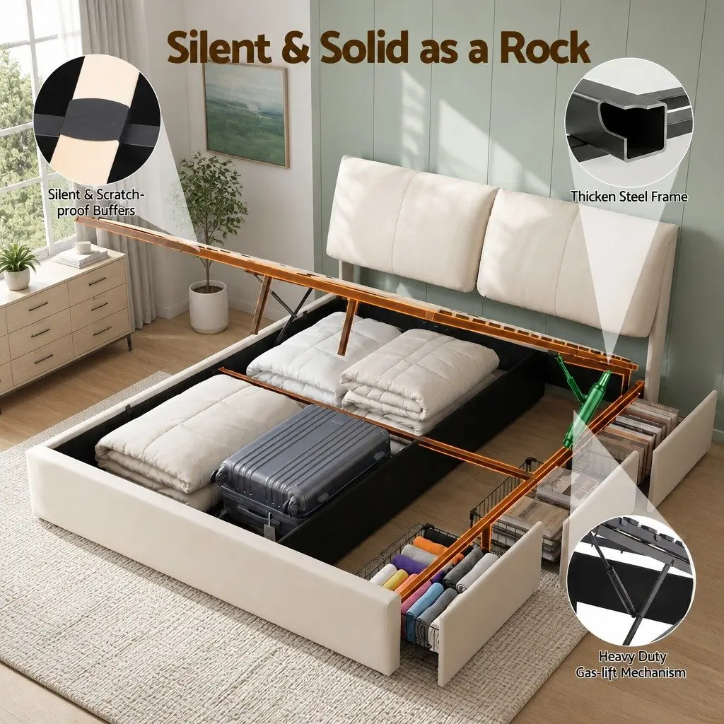 King Bed Frame Gas Lift Storage Adjustable Headboard 3 Drawers Platform Base