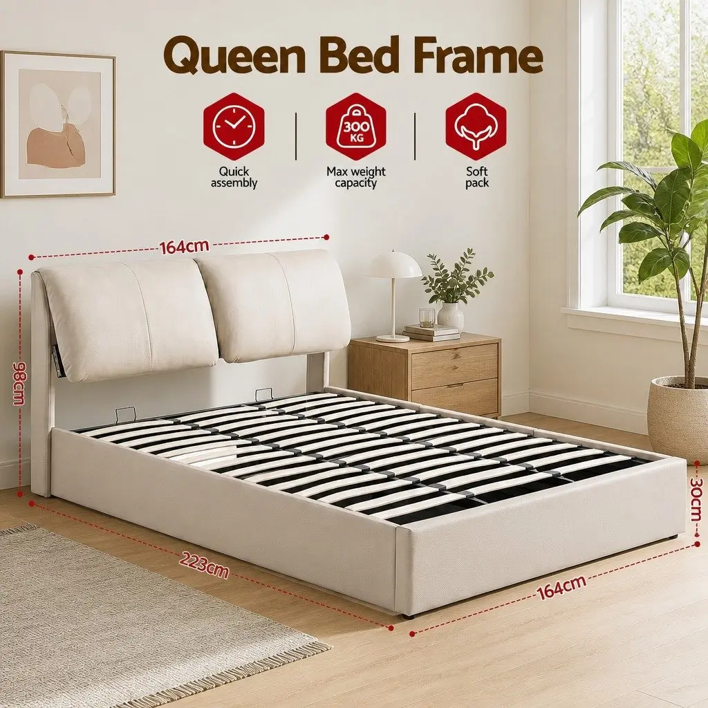 Queen Bed Frame Gas Lift Storage 3 Drawers Adjustable Headboard Platform Beige