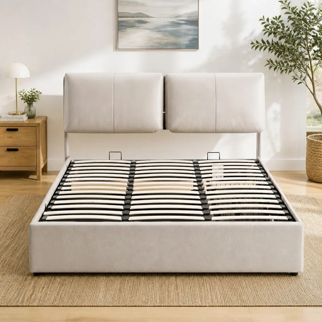 Queen Bed Frame Gas Lift Storage 3 Drawers Adjustable Headboard Platform Beige