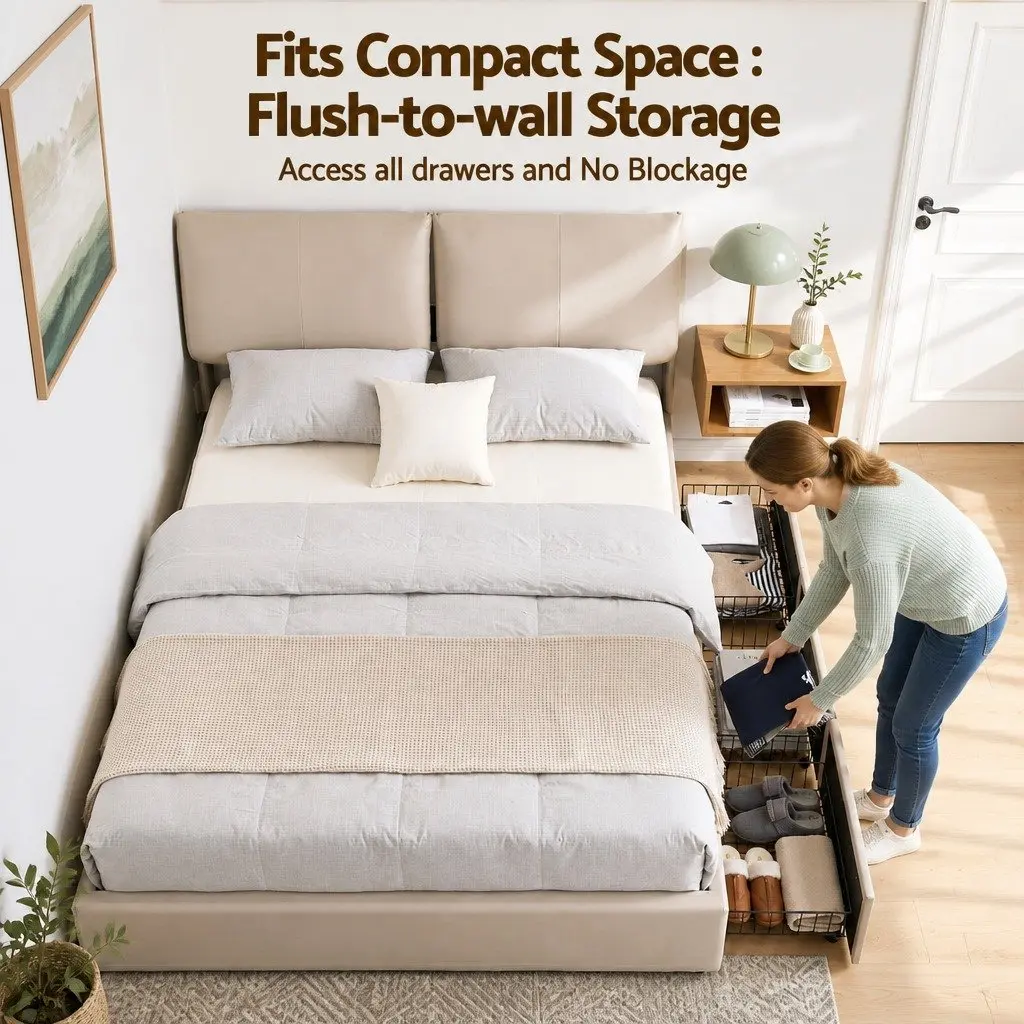 Queen Bed Frame Gas Lift Storage 3 Drawers Adjustable Headboard Platform Beige