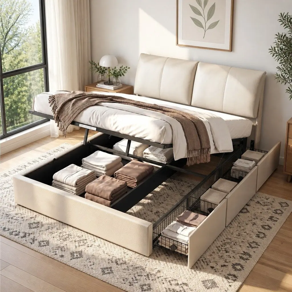 Queen Bed Frame Gas Lift Storage 3 Drawers Adjustable Headboard Platform Beige