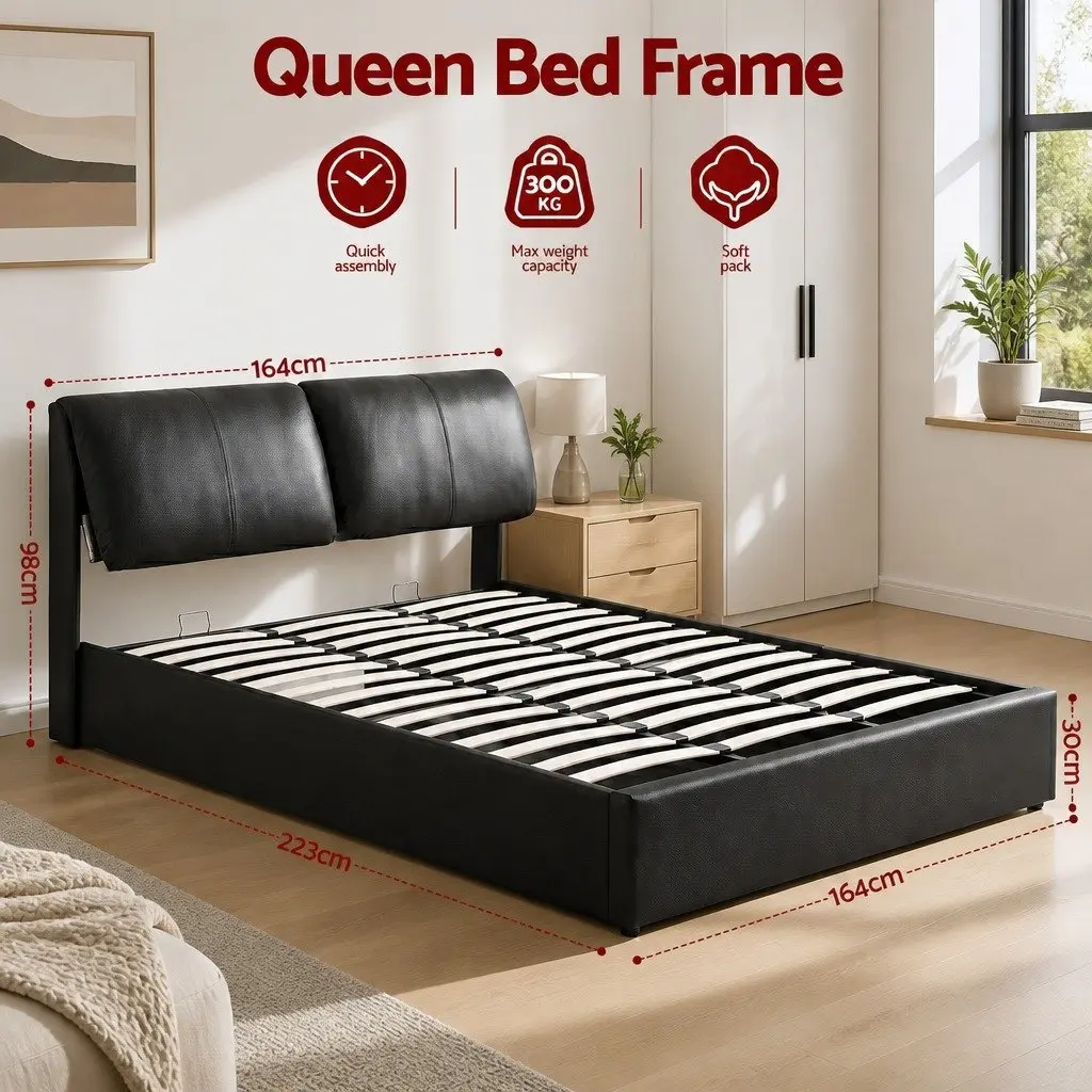 Queen Bed Frame Gas Lift Storage 3 Drawers Adjustable Headboard Platform Black