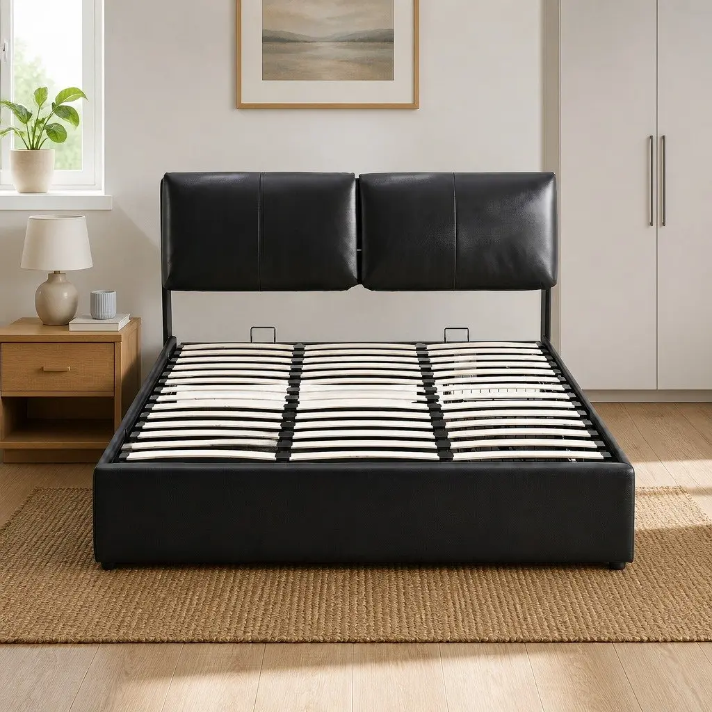 Queen Bed Frame Gas Lift Storage 3 Drawers Adjustable Headboard Platform Black