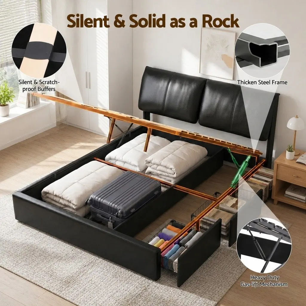 Queen Bed Frame Gas Lift Storage 3 Drawers Adjustable Headboard Platform Black