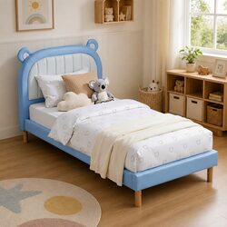 Kids King Single Bed Frame Upholstered Bear Headboard Blue White Waterproof
