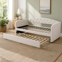 King Single Daybed with Pull-Out Trundle Bed Frame Tufted Upholstered Guest Bed