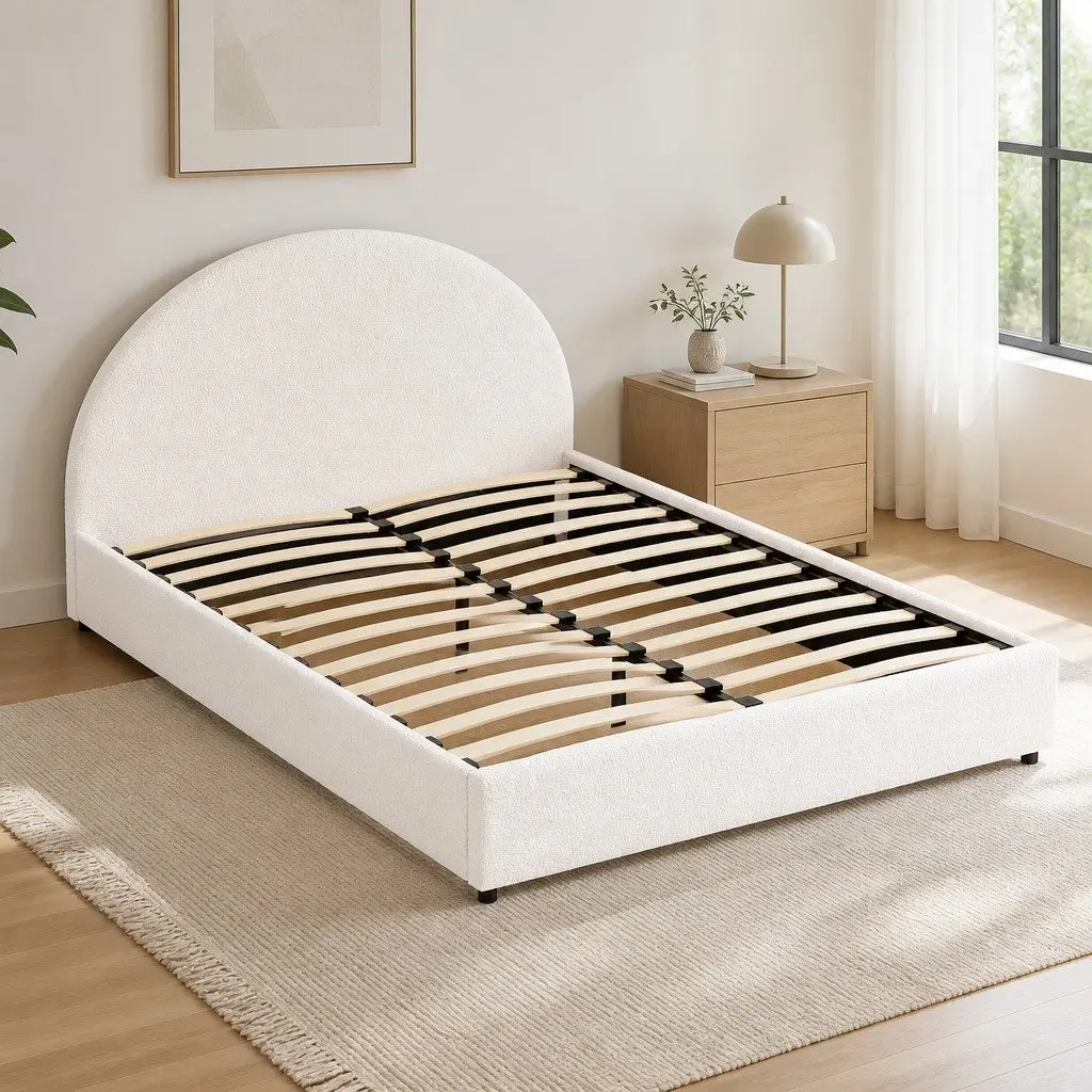 Double Bed Frame Gas Lift Storage Boucle Fabric Beige 202cm L x 144cm W x 98cm H