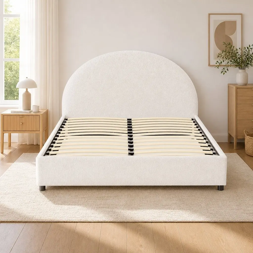 Double Bed Frame Gas Lift Storage Boucle Fabric Beige 202cm L x 144cm W x 98cm H