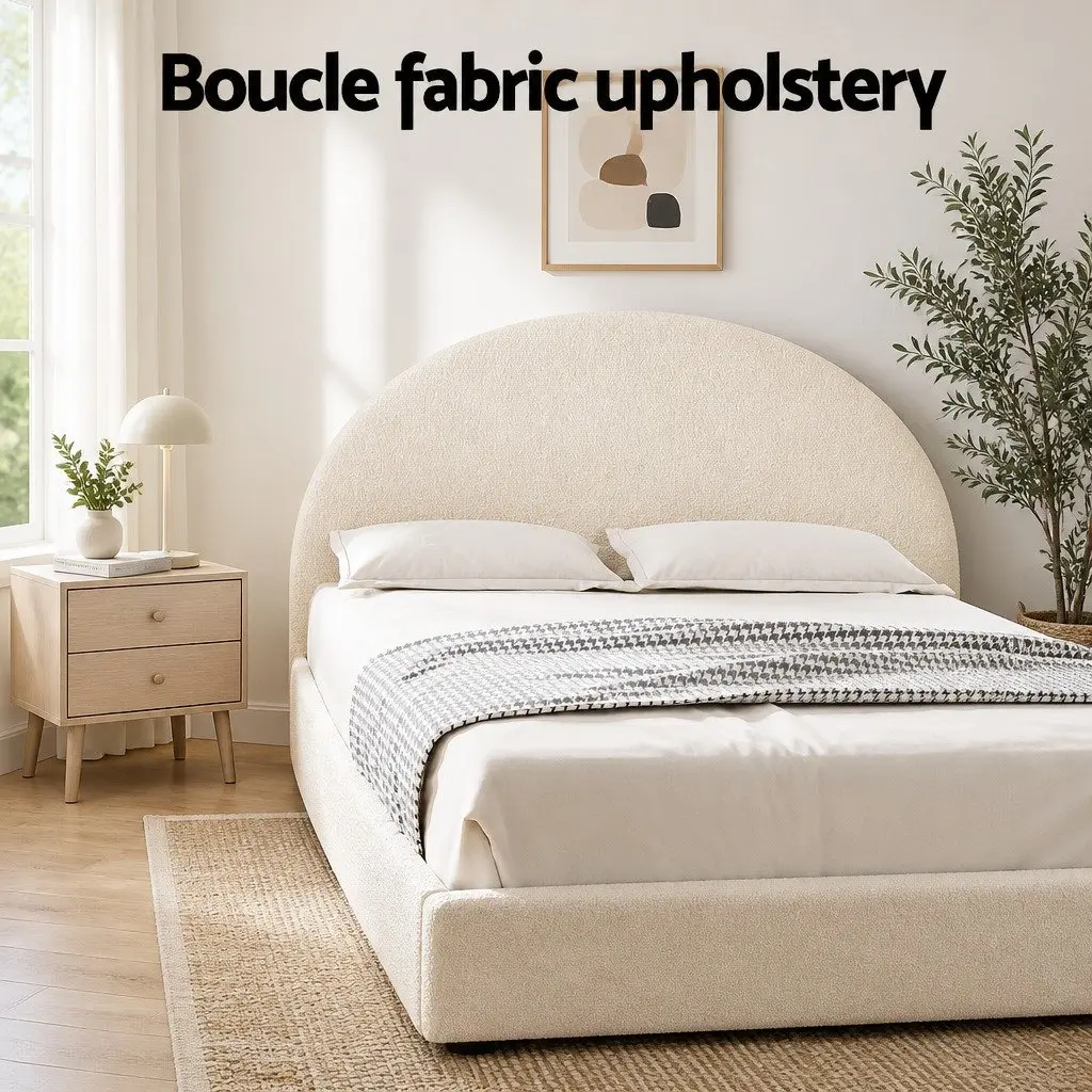 Double Bed Frame Gas Lift Storage Boucle Fabric Beige 202cm L x 144cm W x 98cm H