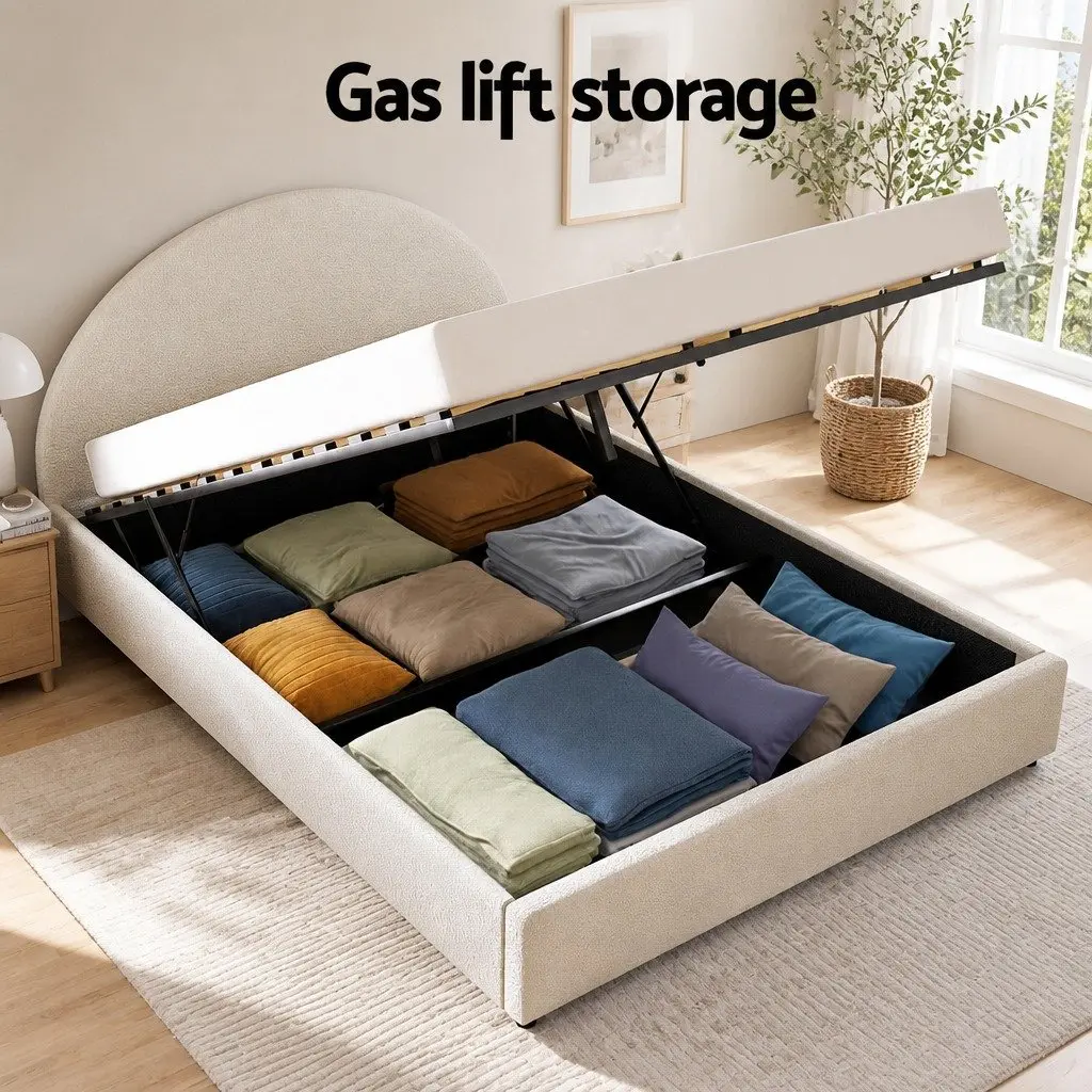 Double Bed Frame Gas Lift Storage Boucle Fabric Beige 202cm L x 144cm W x 98cm H