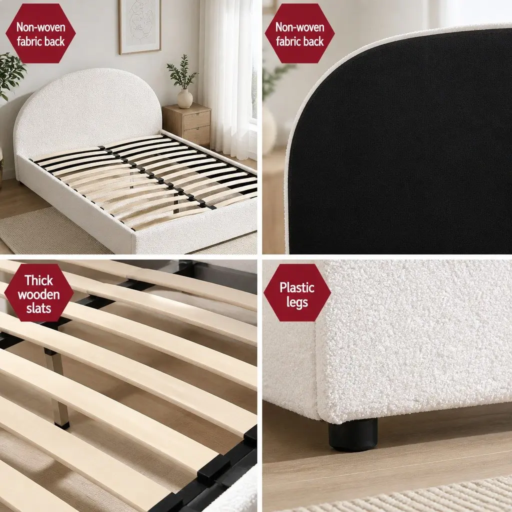 Double Bed Frame Gas Lift Storage Boucle Fabric Beige 202cm L x 144cm W x 98cm H