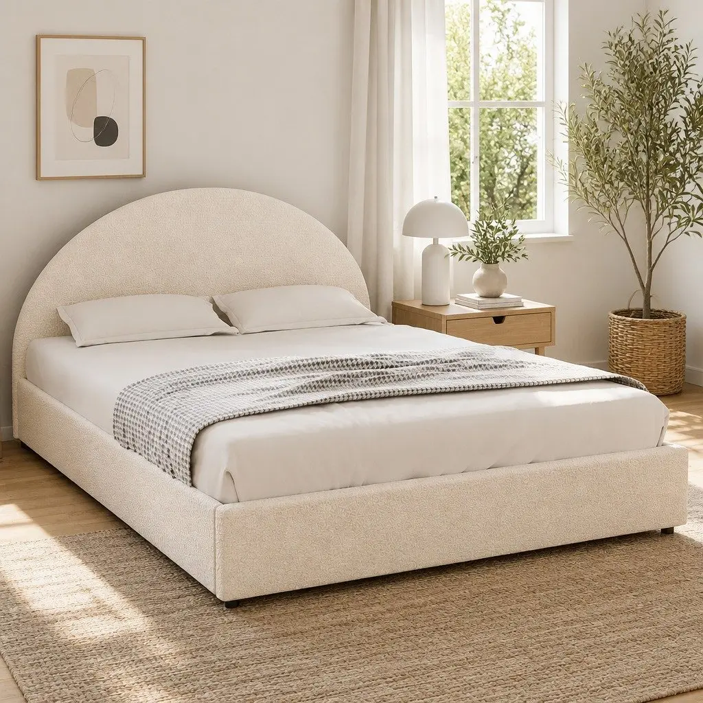 Double Bed Frame Gas Lift Storage Boucle Fabric Beige 202cm L x 144cm W x 98cm H