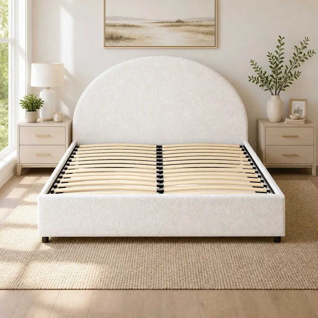 Queen Gas Lift Storage Bed Frame Boucle Upholstered Padded Beige